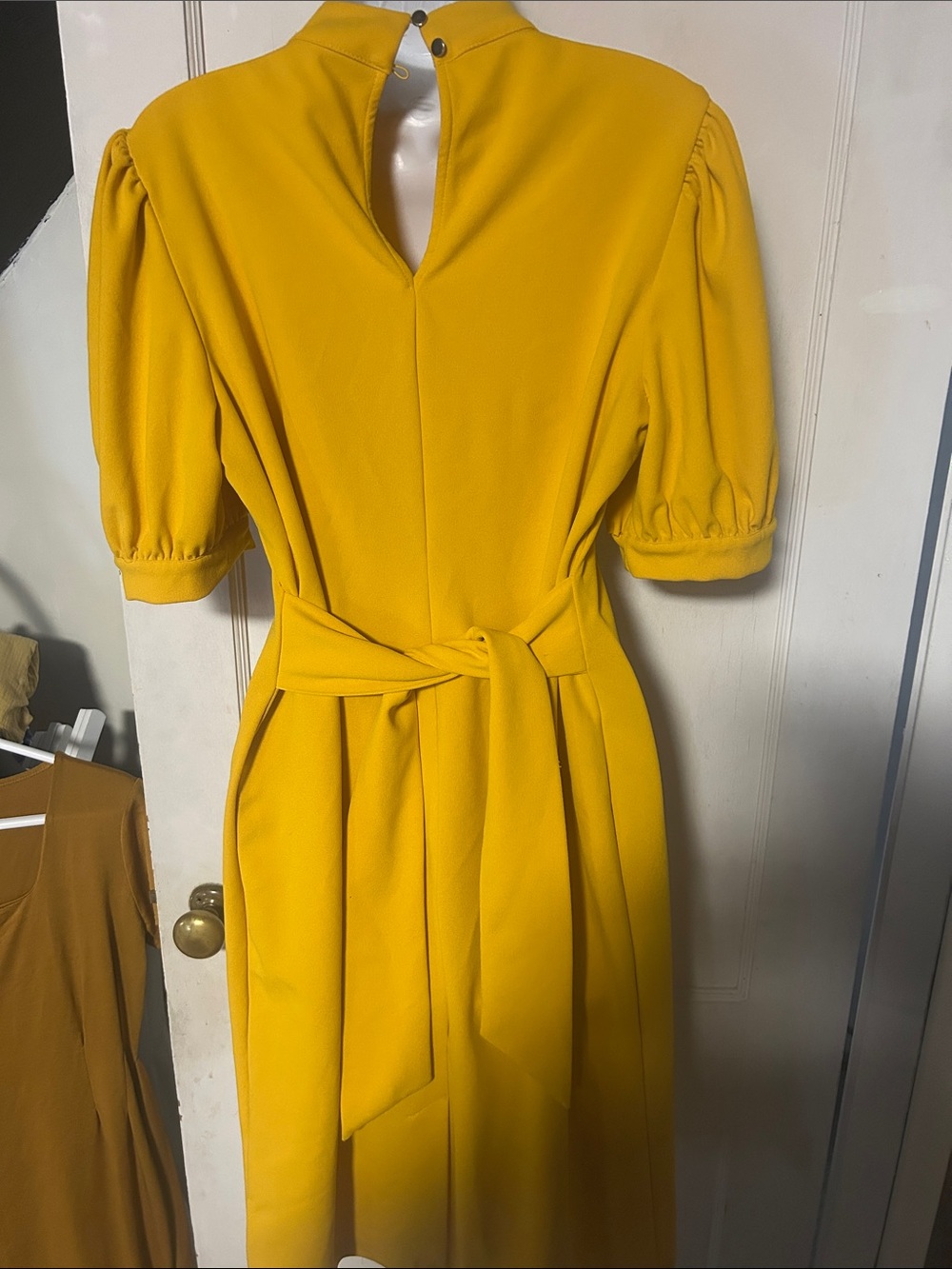 New York & Company Yellow Keyhole Puff-Sleeve Midi Dress - Picture 3 of 5